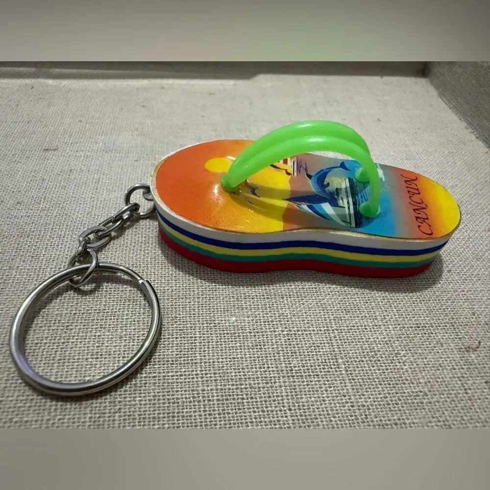 Colorful Flip-Flop Keychain Souvenir from Cancun with Green Straps